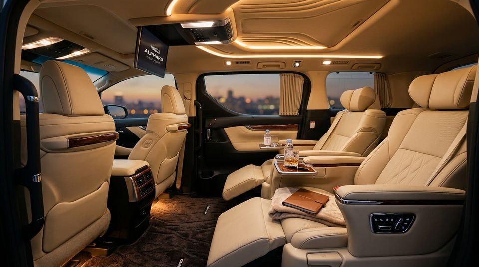 The rear cabin of the minivan, with reclining seats and a footrest The rear cabin of the minivan, with reclining seats and a footrest